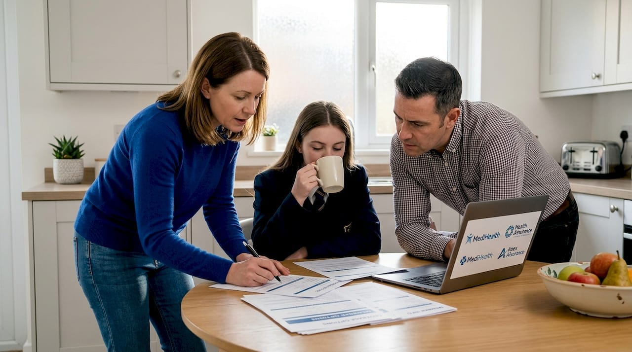 Family reviewing insurance papers at kitchen table