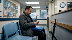 Man waiting in NHS hospital reception area