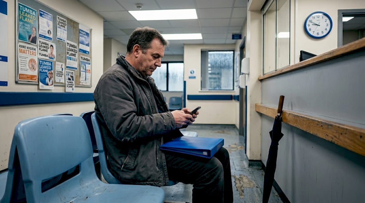 Man waiting in NHS hospital reception area
