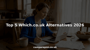 Woman comparing insurance options at kitchen table