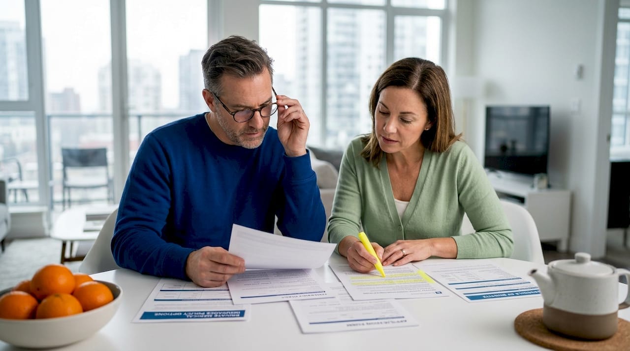 Couple reviewing private insurance paperwork at kitchen table