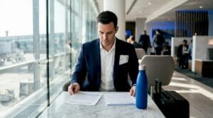 Traveler comparing travel and health insurance documents in airport