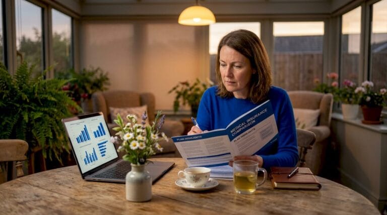 UK adult reviewing private medical insurance documents