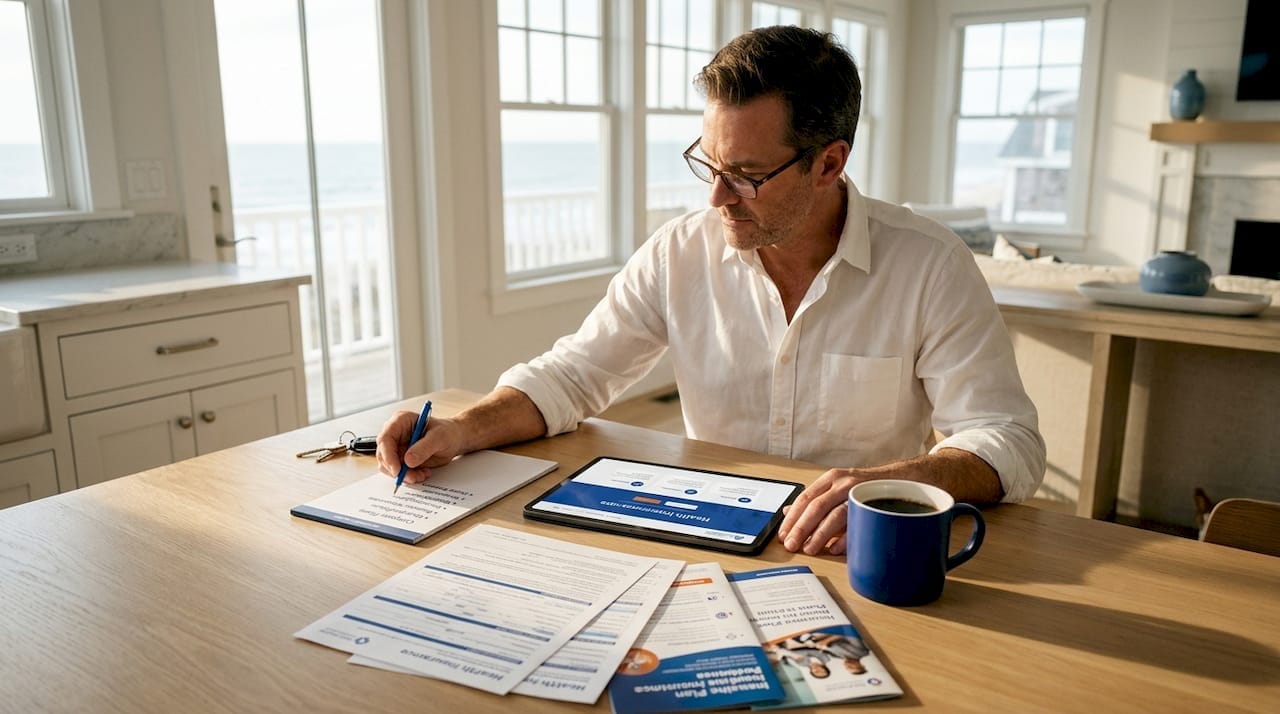 Adult man reviewing health insurance paperwork at kitchen table