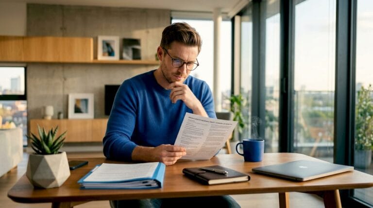 Adult reading private insurance policy document at home